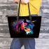 Black background with a colorful horse leather tote bag