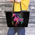 Black background with a colorful horse leather tote bag