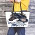 Black horse head with white rose and blue flowers leather tote bag