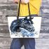 Black horse head with white rose and blue flowers leather tote bag