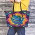 Blue frog with rainbow stripes on his body leaather tote bag