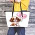 Brown and white king charles spaniel puppy with pink balloons leather tote bag