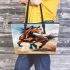 Brown horse galloping in the wind leather tote bag