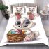 Bunny with big eyes and giant teeth holding bedding set