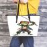 Cartoon drawing of an anthropomorphic frog samurai leaather tote bag