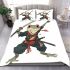 Cartoon drawing of an anthropomorphic frog samurai bedding set