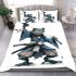 Cartoon drawing of an anthropomorphic frog samurai holding bedding set