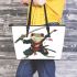 Cartoon drawing of an anthropomorphic frog samurai leaather tote bag