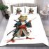 Cartoon frog character dressed as a samurai holding bedding set