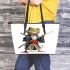 Cartoon frog character dressed as a samurai holding leaather tote bag