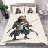 Cartoon frog character dressed as a samurai holding bedding set