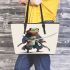 Cartoon frog character dressed as a samurai holding leaather tote bag