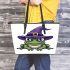 Cartoon frog wearing witch hat leaather tote bag