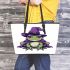 Cartoon frog wearing witch hat leaather tote bag