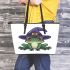 Cartoon frog wearing witch hat leaather tote bag