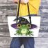 Cartoon frog wearing witch hat leaather tote bag