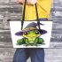 Cartoon frog wearing witch hat leaather tote bag