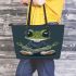 Cartoon frog with big eyes wearing white and brown shoes leaather tote bag