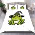 Cartoon green frog with black witch hat bedding set