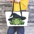 Cartoon green frog with black witch hat leaather tote bag