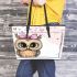 Cartoon owl with a pink bow on its head leather tote bag