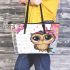 Cartoon owl with a pink bow on its head leather tote bag