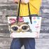 Cartoon owl with a pink bow on its head leather tote bag