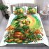 Cartoon tree frog sitting on top of an irish mushroom bedding set