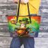 Cartoon tree frog sitting on top of an irish pot full of gold coins leaather tote bag