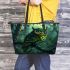Cartoonstyle illustration of an owl with vibrant green feathers leather tote bag