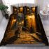 Cat in a lantern-lit cobblestone street bedding set