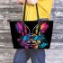 Colorful cartoon rabbit wearing sunglasses leather tote bag