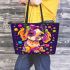 Colorful cute cartoon dog with bow leather tote bag