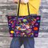 Colorful cute cartoon dog with bow leather tote bag