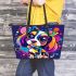 Colorful cute cartoon dog with bow leather tote bag