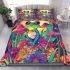 Colorful cute cartoon peacock frog sitting on top of an egg bedding set