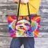 Colorful cute happy dog with bow leather tote bag