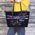 Colorful dragonfly with flowers leather tote bag