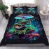 Colorful green frog playing banjo under mushroom bedding set