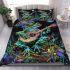 Colorful green frog playing banjo under mushroom bedding set