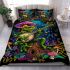 Colorful green frog playing banjo under mushroom bedding set