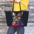 Colorful rabbit with sunglasses and bow tie leather tote bag