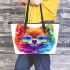 Colorful rainbow pomeranian dog wearing sunglasses leather tote bag