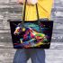 Colorful wild horse running on a dark background leather tote bag