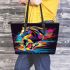 Colorful wild horse running on a dark background leather tote bag