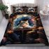 Curious cat amid books and stars bedding set