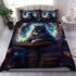 Curious cat and the bookshelf galaxy bedding set