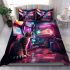 Curious cat in retro arcade room bedding set