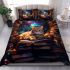 Curious cat in the book-filled room bedding set