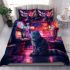 Curious gray and white cat in retro arcade room bedding set